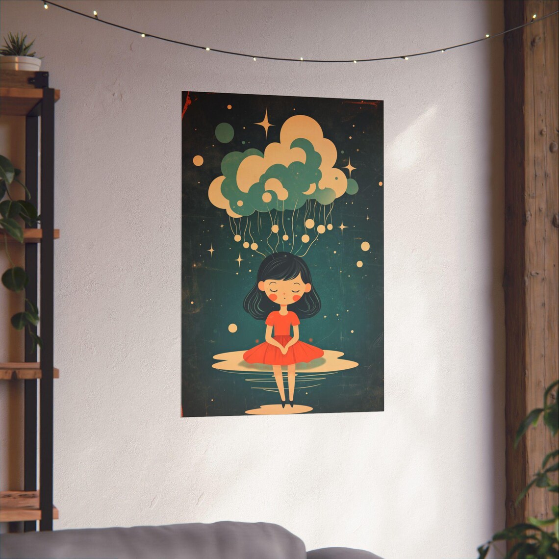 Dreamy Night Sky Girl Starry Cloud Vintage Whimsy Kids Art Poster - Image 3