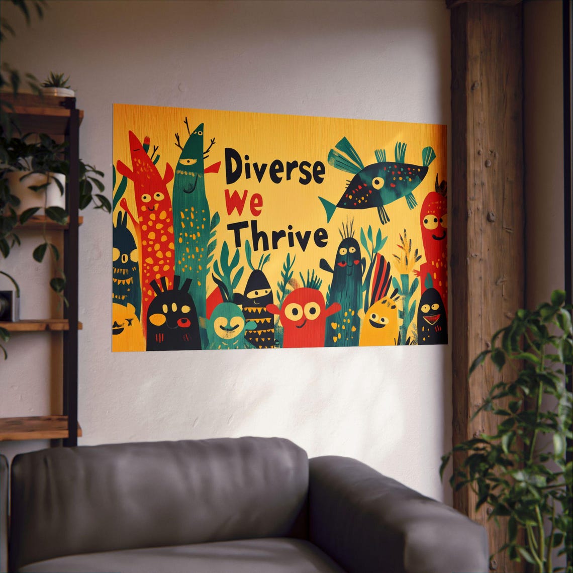 Diverse We Thrive Poster Wall Art Cute Creatures Celebrate Diversity Cultures And People Poster For Home Office Or Dorm Decor - Image 2