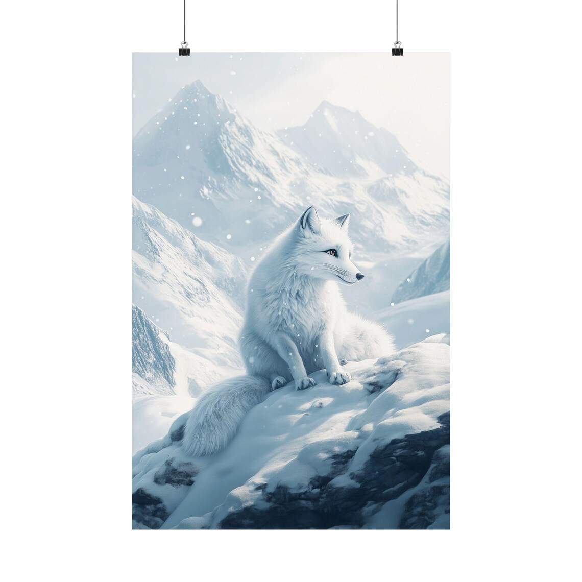 Majestic White Arctic Fox Snowy Mountain Winter Wildlife Poster