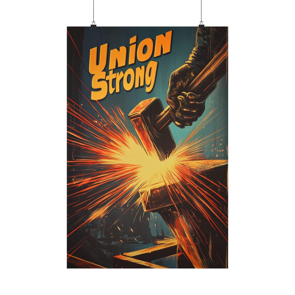 Union Strong Retro Blacksmith Hammer Sparks Labor Art Poster