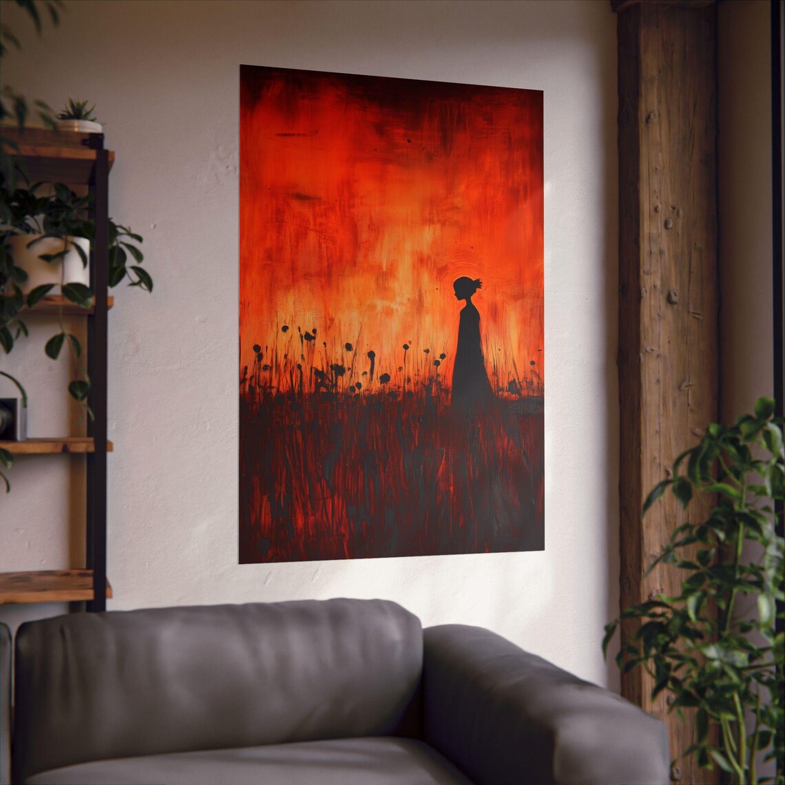 Woman Silhouette Wildflower Field Burning Orange Sunset Painting Poster - Image 3