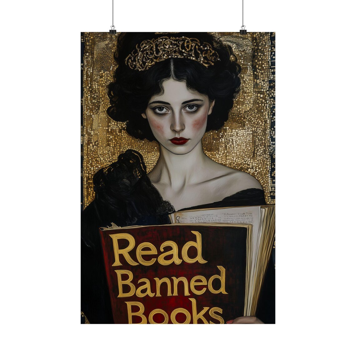 Read Banned Books Regal Crowned Woman Golden Mosaic Library Poster