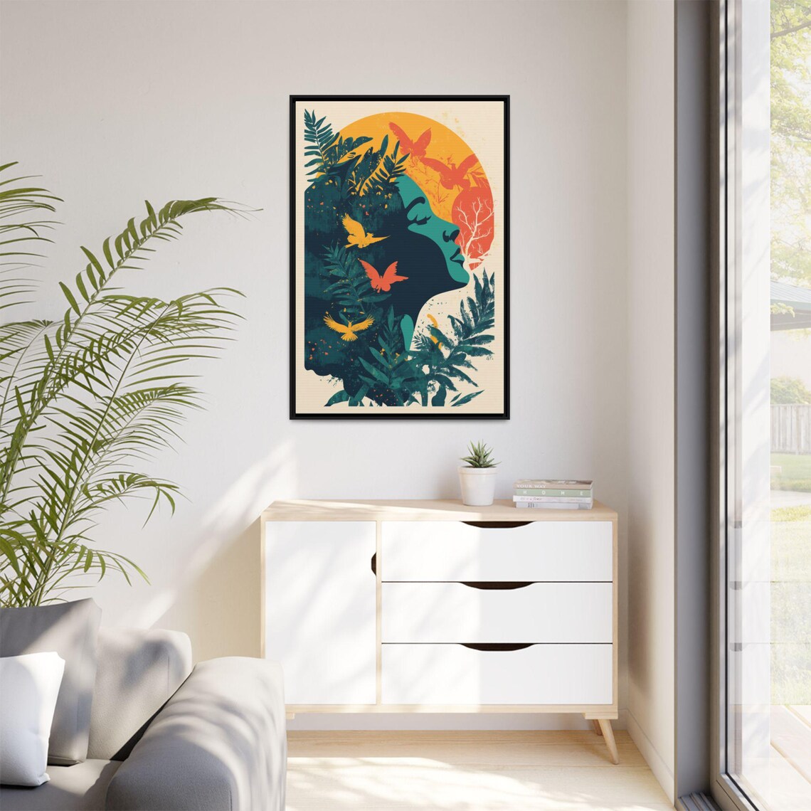 Tropical Woman Profile Birds and Sun Botanical Art Nouveau Print - Image 2