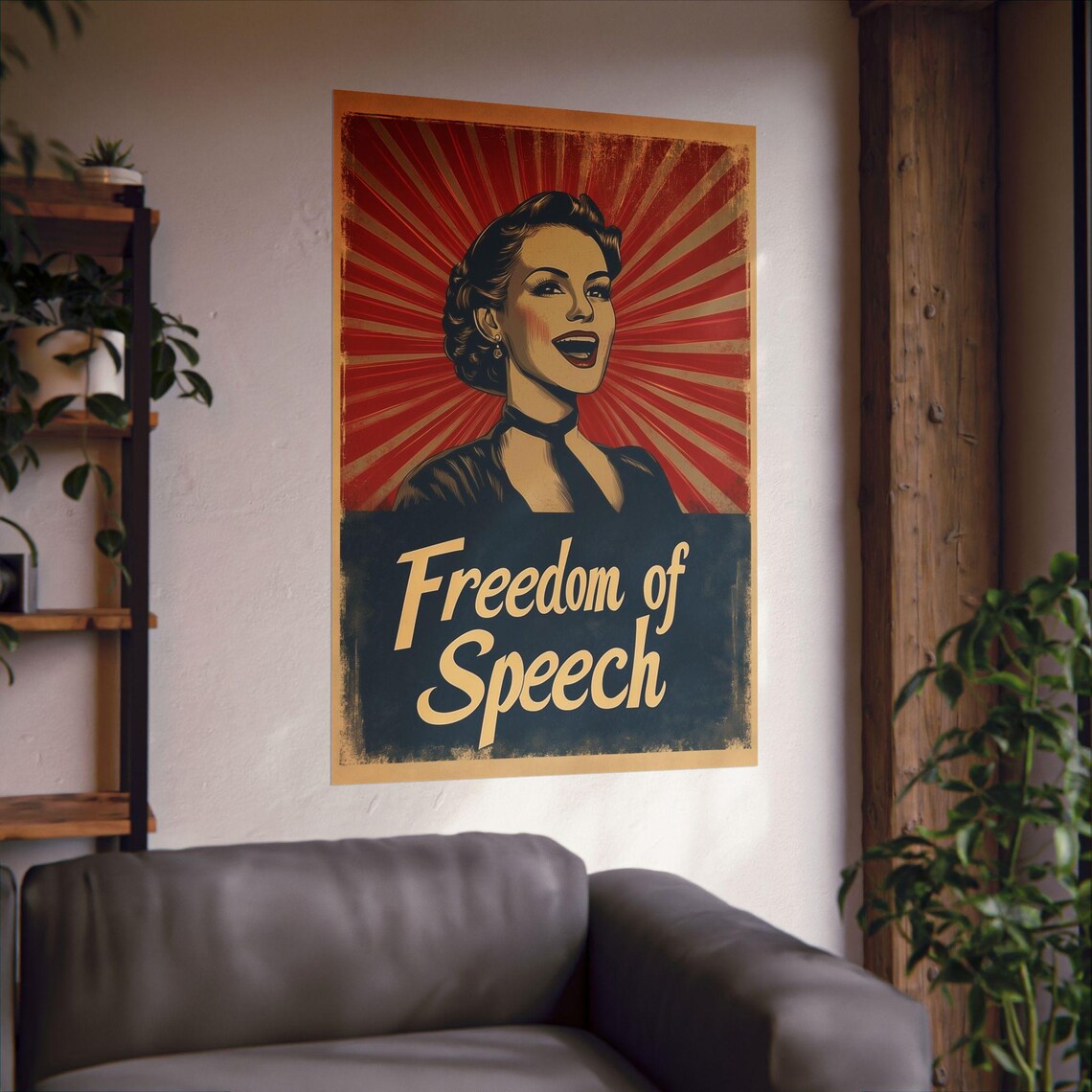 Freedom of Speech Retro Propaganda Sunburst Woman Art Poster - Image 2