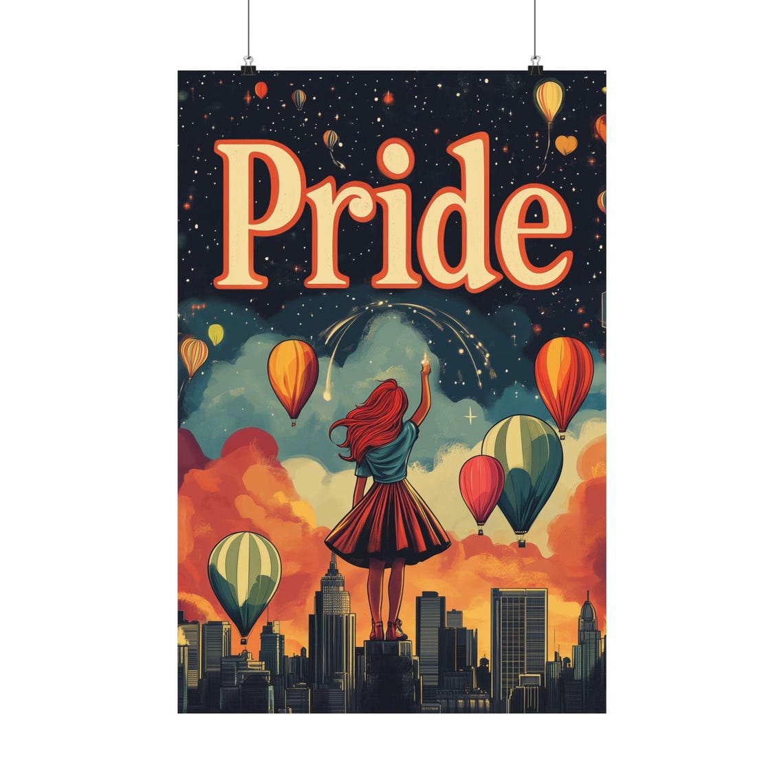 Pride Balloon Girl Over City Skyline Starry Night Sky Poster