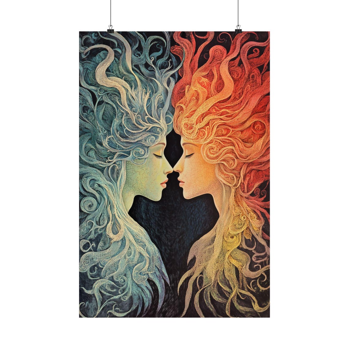 Ice And Fire Dual Faces Portrait Blue Ice Woman Red Flame Poster