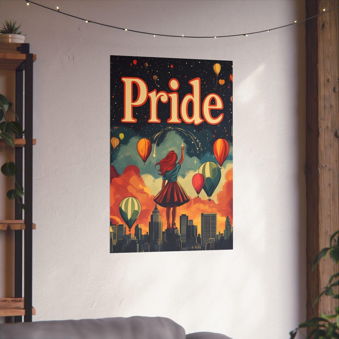 Pride Balloon Girl Over City Skyline Starry Night Sky Poster - Image 4