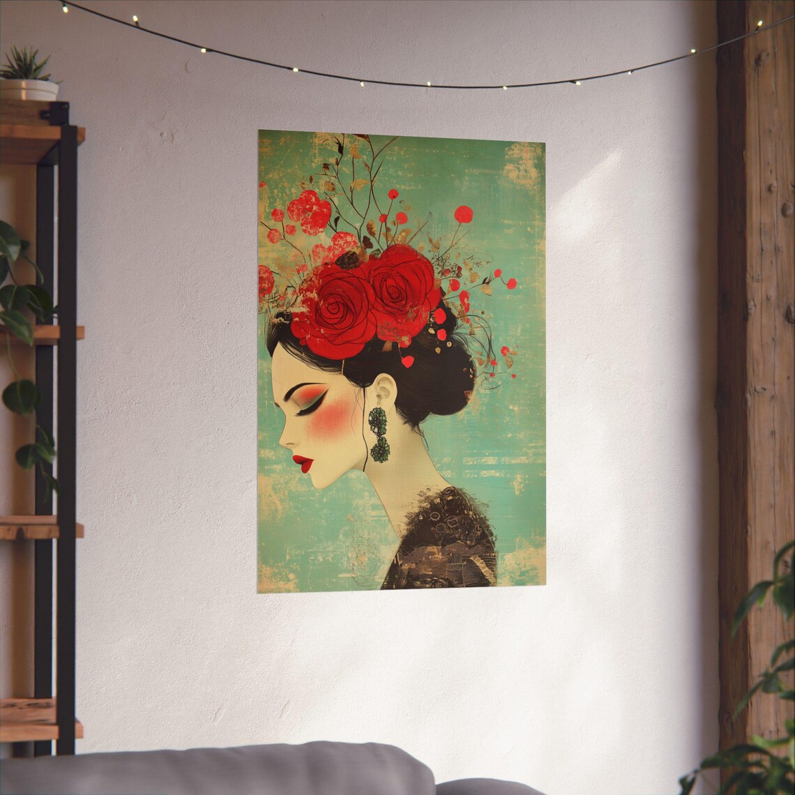 Woman Red Roses Hair Teal Vintage Floral Portrait Art Poster - Image 3
