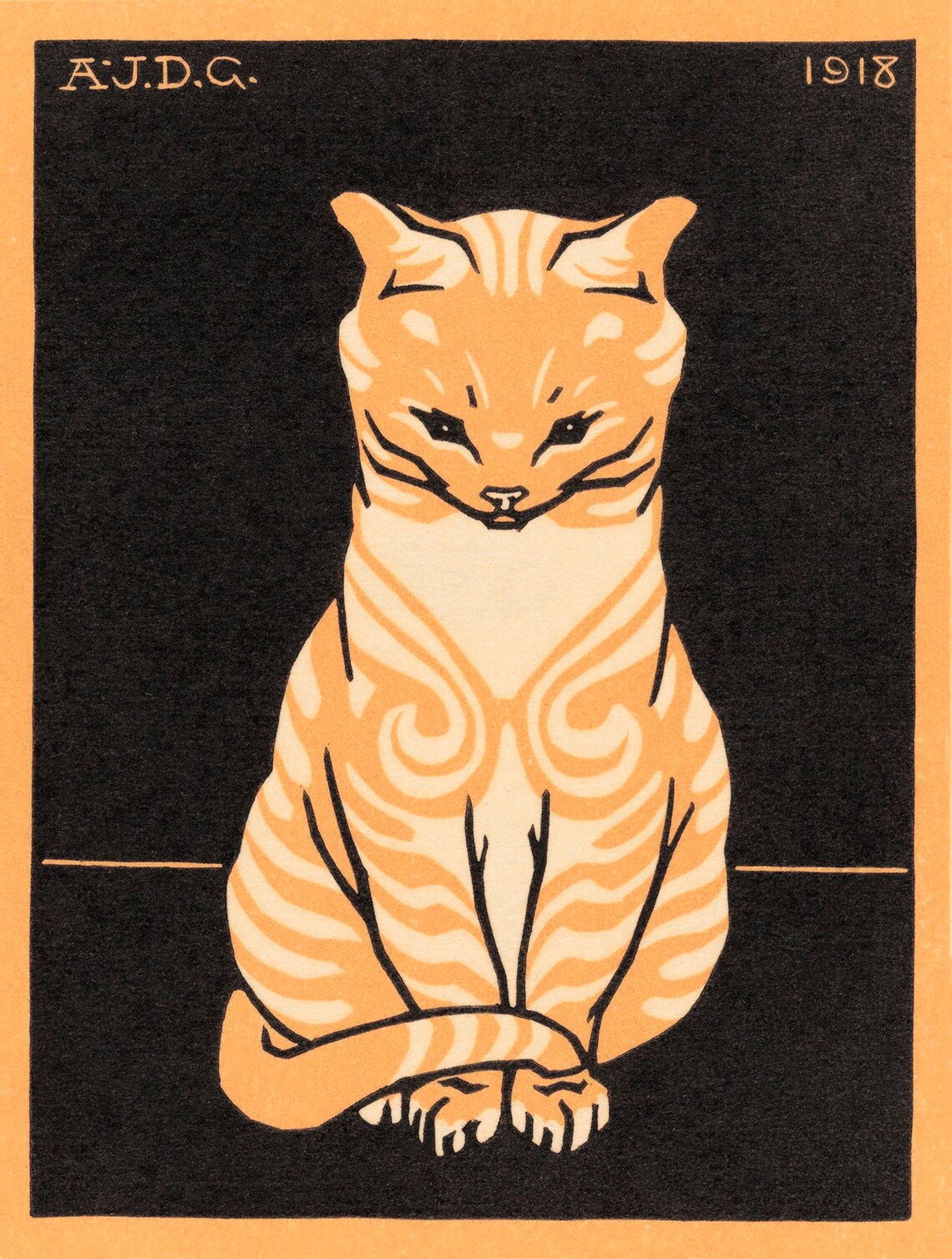 Sitting Tabby Cat 1918 Woodcut by Julie de Graag Vintage Poster - Image 4