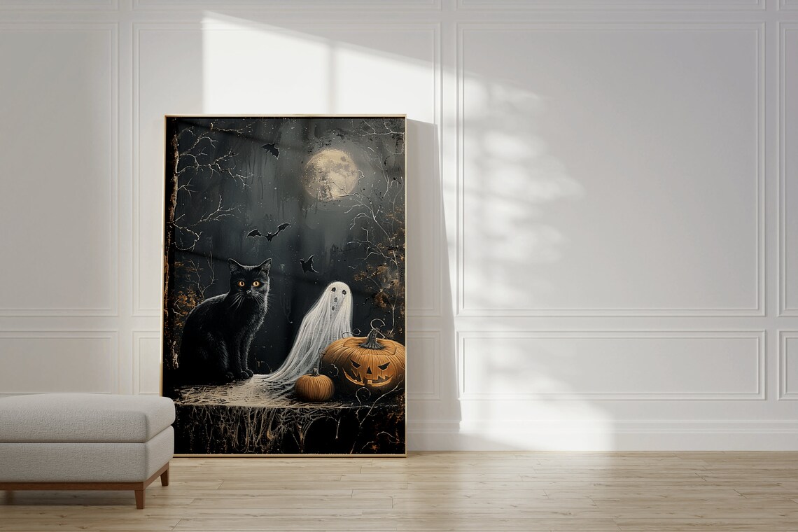 Black Cat Ghost And Pumpkins Under Moon Dark Academia Poster - Image 2