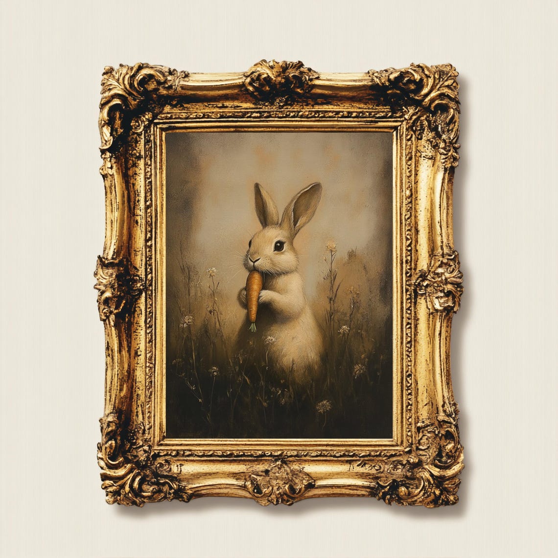 Moody Easter Bunny Eating Carrot, Rustic Art Print - Image 4