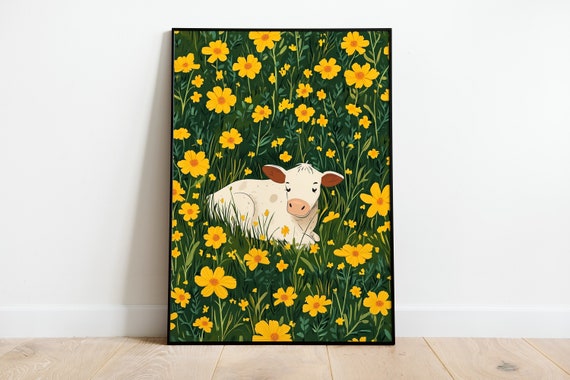 Cute Cow In The Field, Vintage Art Deco Print