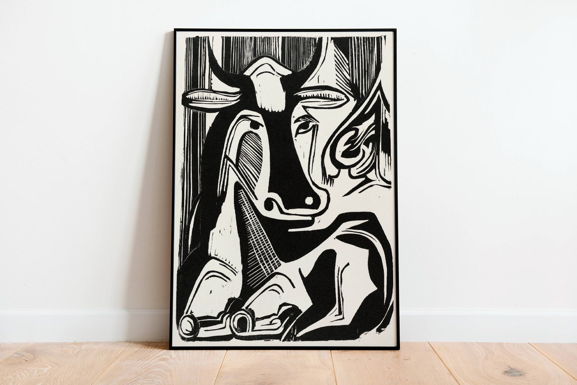 Large Cow Lying Down, Vintage Abstract Art Print