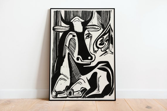Large Cow Lying Down, Vintage Abstract Art Print