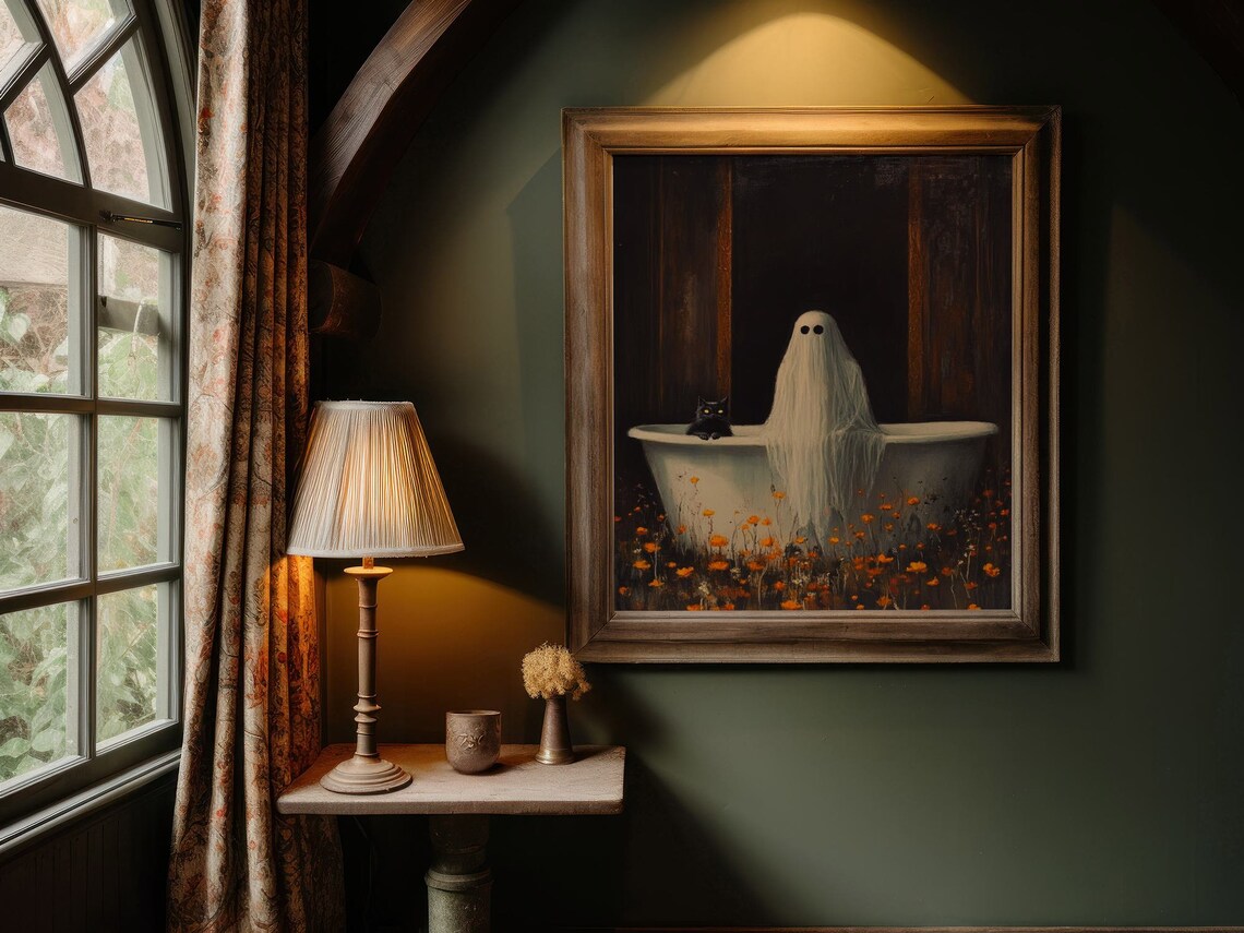 Ghost And Black Cat Taking Bath In Wildflowers Poster, Halloween Art - Image 3