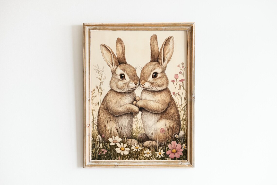 Two Easter Bunnies, Vintage Watercolour Botanical Poster - Image 3