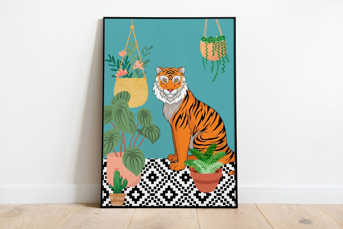 Whimsical Tiger Among Houseplants Modern Boho Nursery Decor Poster - Image 3