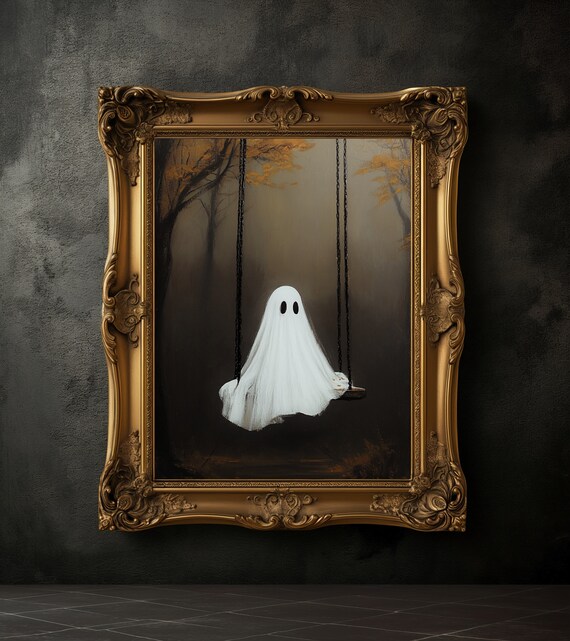 Cute Ghost Sitting On Swing Misty Forest Halloween Art Poster