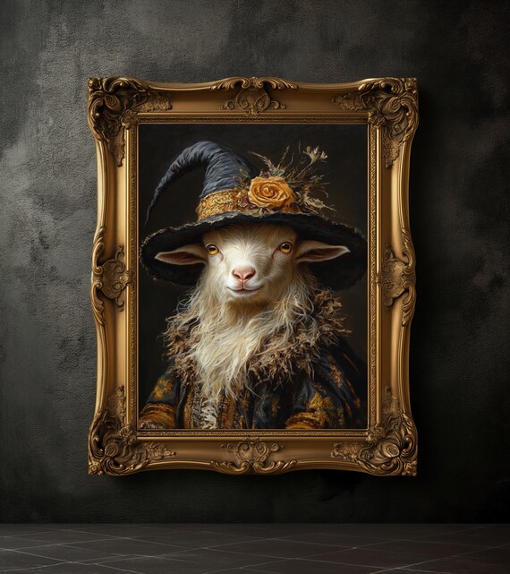 Goat Wearing Witch Hat With Yellow Rose Spooky Baroque Portrait Poster