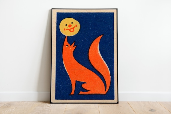 Retro Orange Fox and Smiling Moon on Navy Vintage Illustration Poster