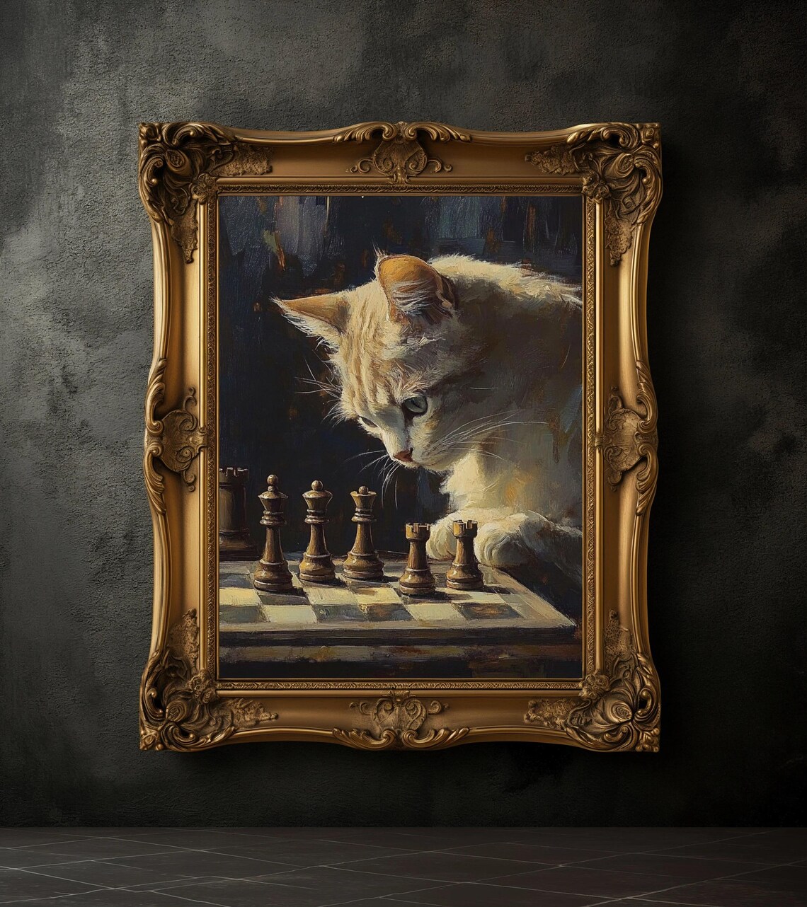 Curious Ginger Cat Examining Chess Board Classic Oil Painting Poster - Image 2