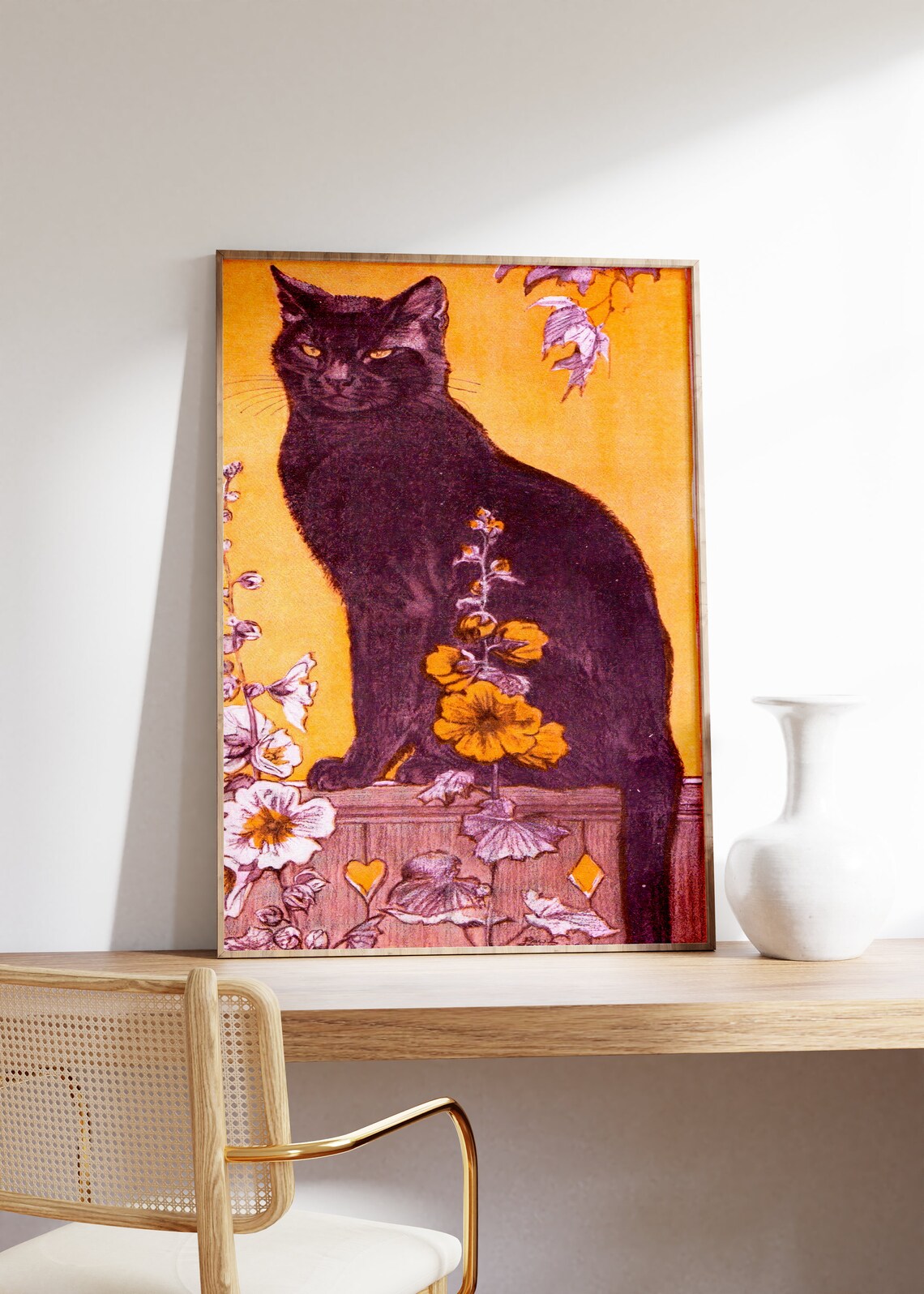 Vintage Black Cat Sitting Among Hollyhocks Retro Orange Illustration Poster - Image 4
