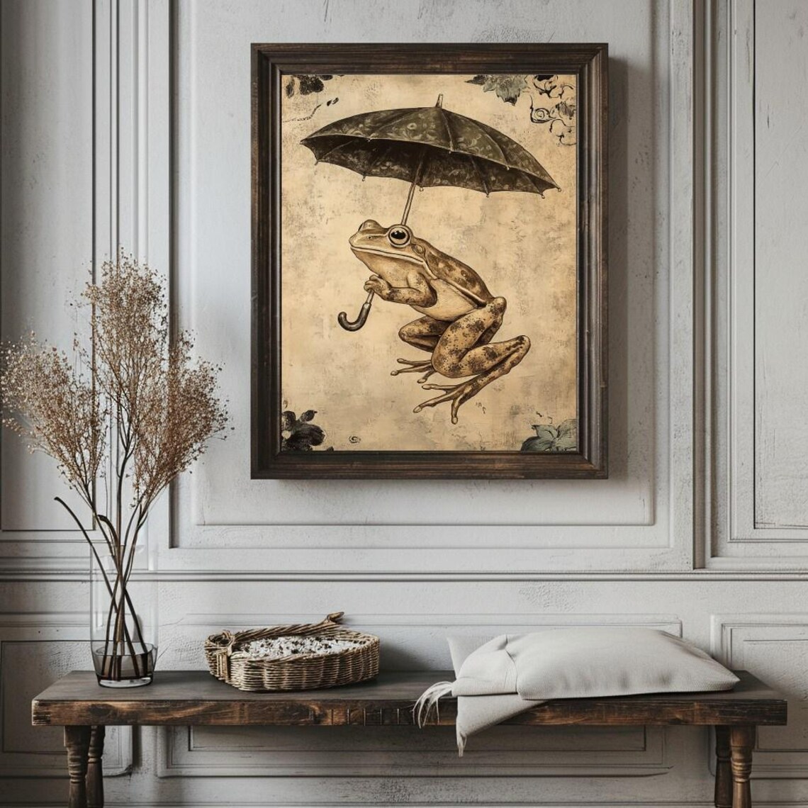 Vintage Frog Holding an Umbrella Sepia Illustration Wall Art - Image 2