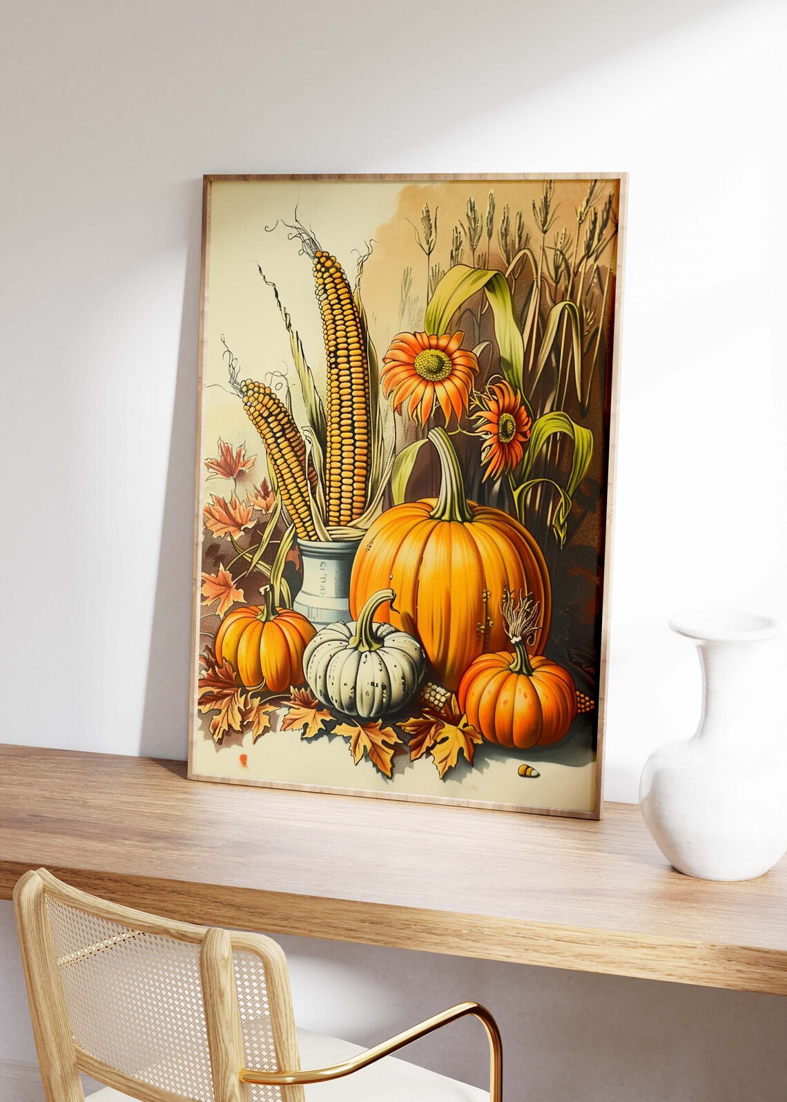 Pumpkins Corn Sunflowers Vintage Fall Harvest Still Life Poster - Image 3