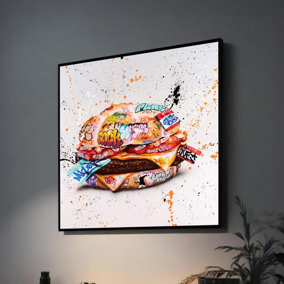 Graffiti Burger Bold Street Art Style Cheeseburger Print For Modern Urban Wall Decor Vibrant Food Art