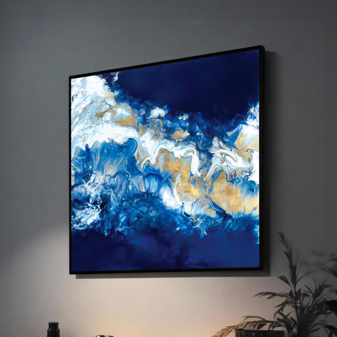 Abstract Navy Blue Gold and White Ocean Waves Fluid Art Poster