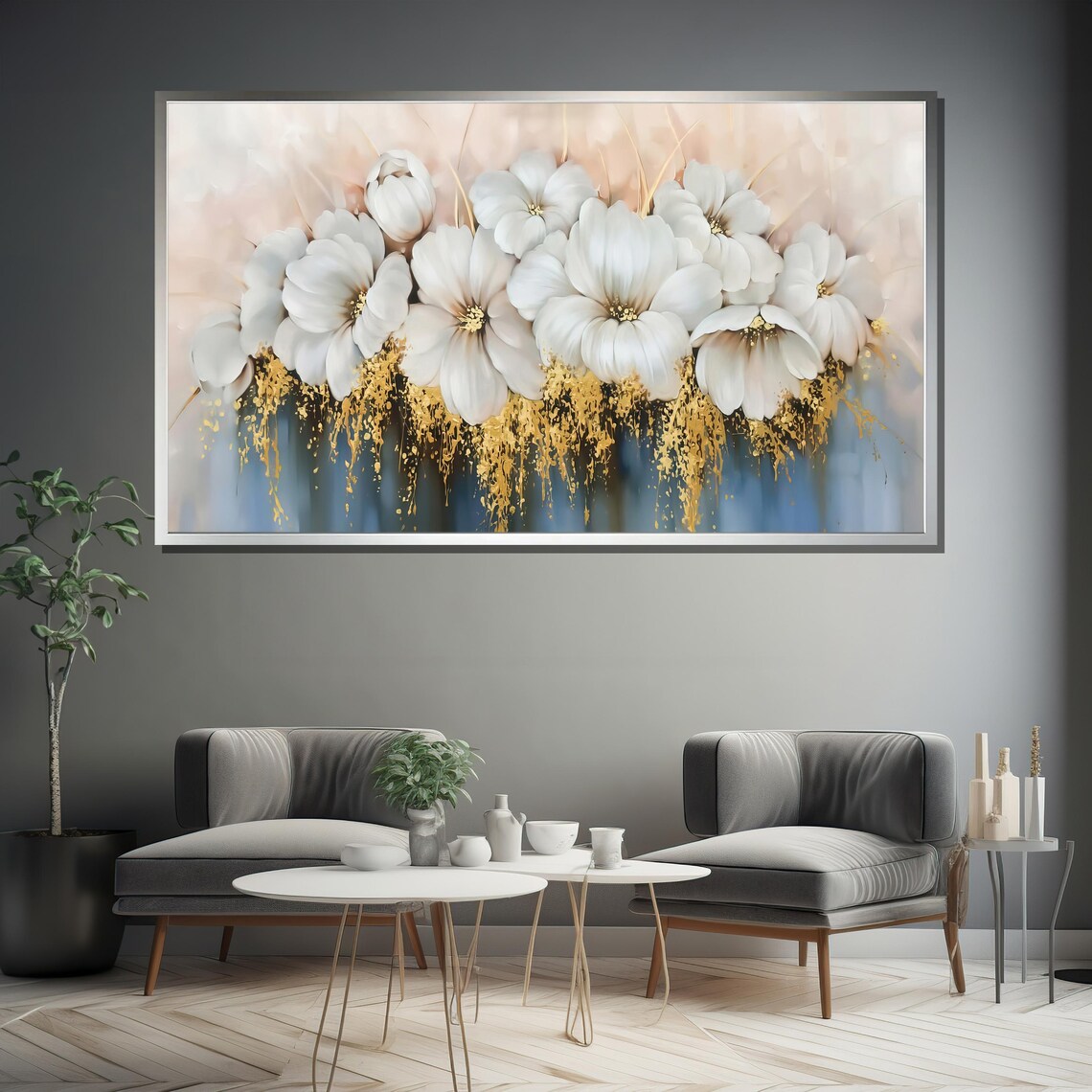 Elegant White Flower Wall Art With Gold Accents Luxury Modern Home Decor - Image 4