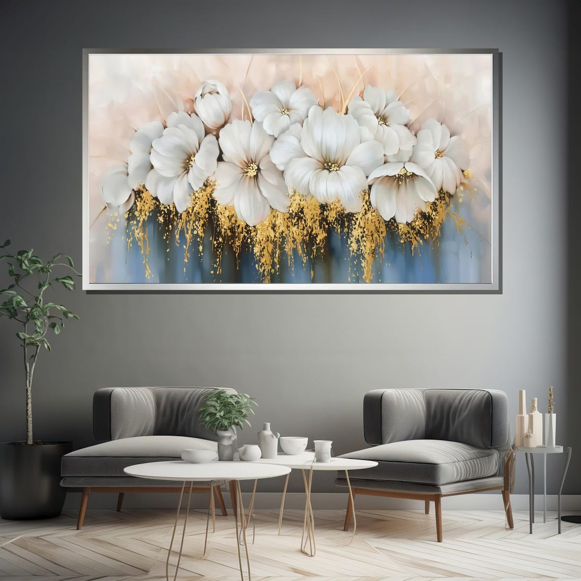 Panoramic White Blossom Row With Golden Splatter Floral Poster - Image 4