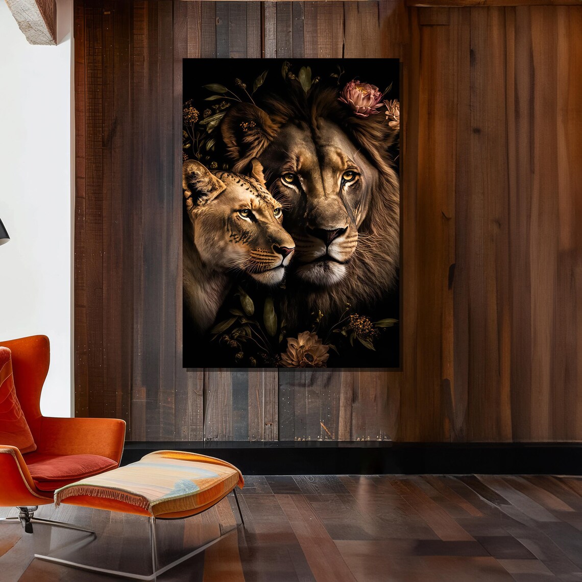 Lion and Lioness Close-Up With Dark Floral Background Art Poster - Image 2