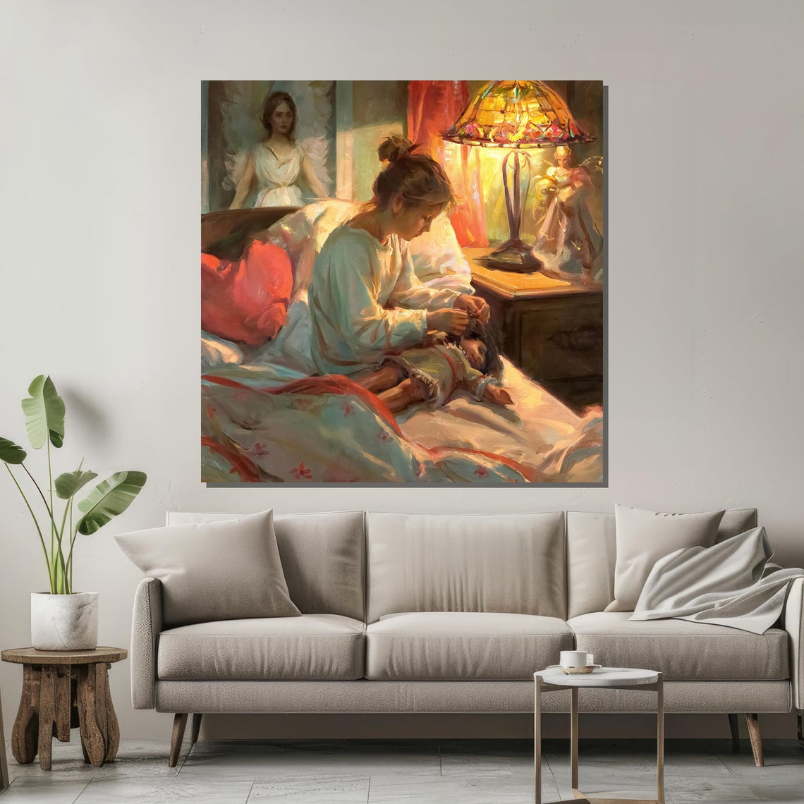 Mother's Tender Bedtime Moment With Guardian Angel Watching Art Poster - Image 2