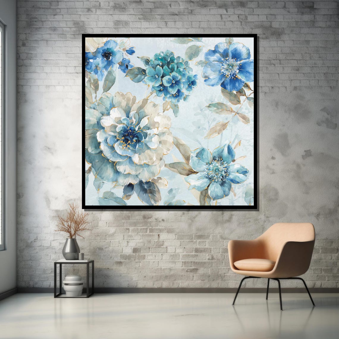 Blue Hydrangea and Peony Floral Watercolor Poster for Bedroom Decor - Image 5