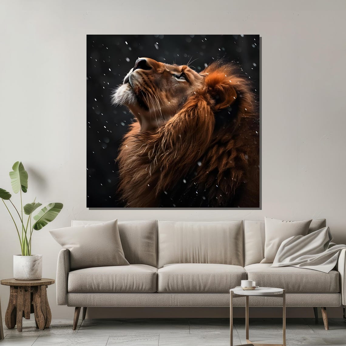 Majestic Lion Gazing Skyward Snow Dark Dramatic Wildlife Poster - Image 2