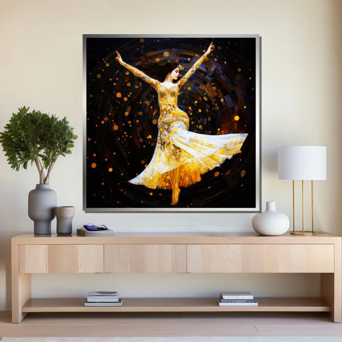 Dancer in Gold Gown Against Dark Gold Bokeh Poster for Glam Decor - Image 4