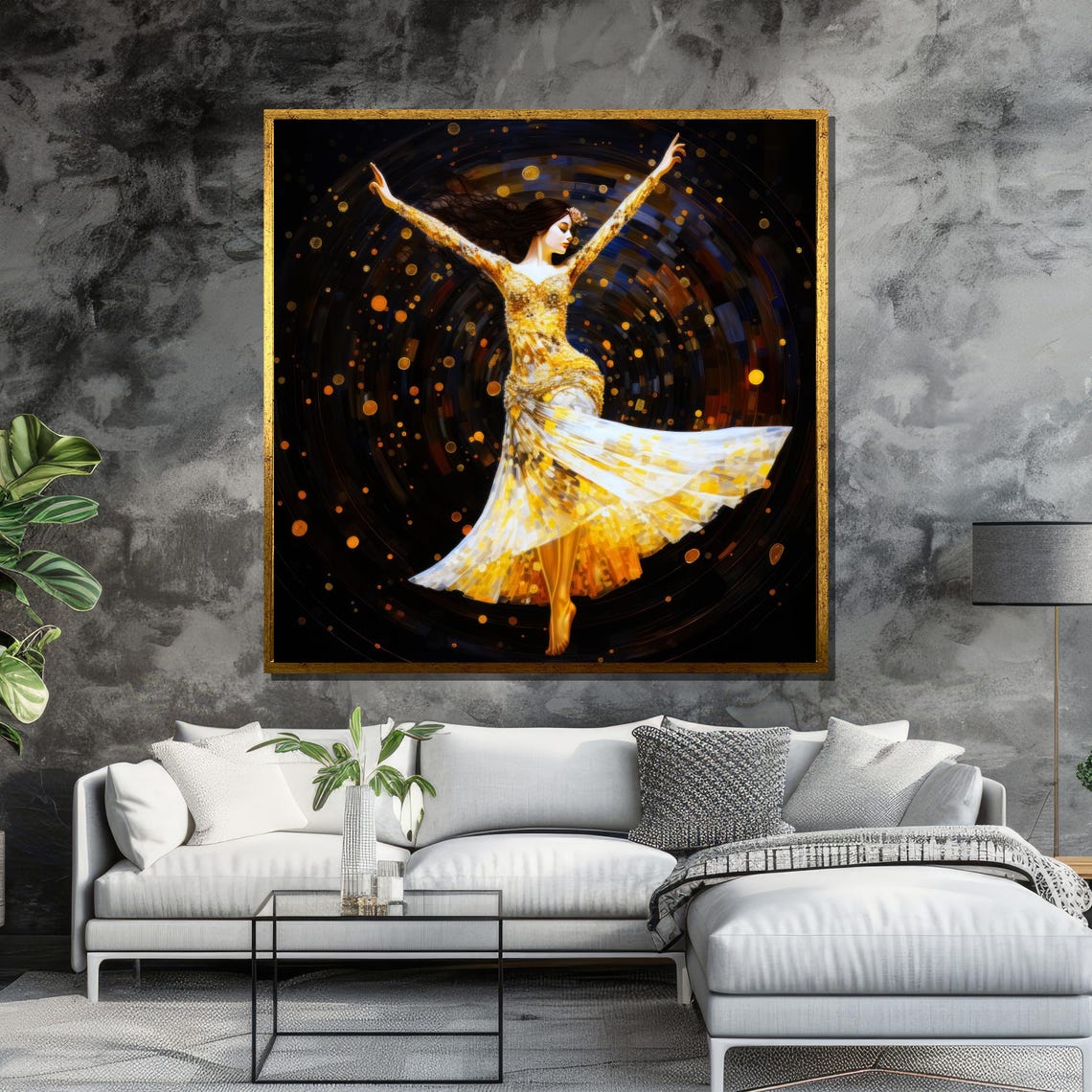 Dancer in Gold Gown Against Dark Gold Bokeh Poster for Glam Decor - Image 6