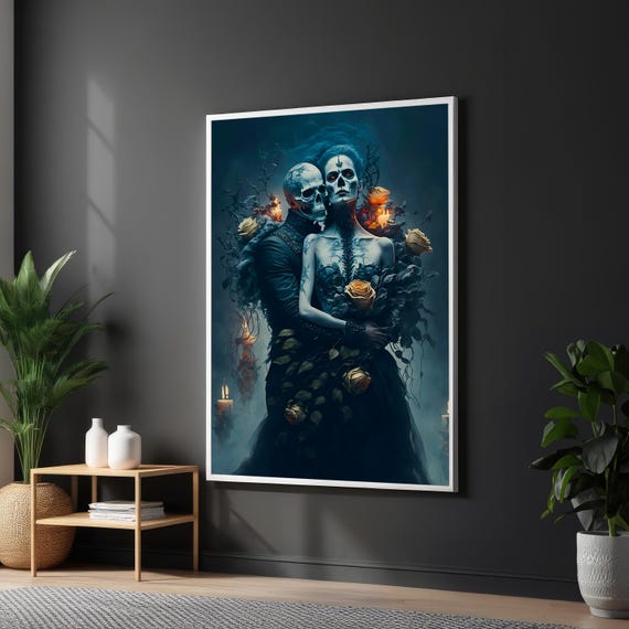 Gothic Skeleton Couple Art Dark Romantic Art Print Dark Fantasy Wall Decor