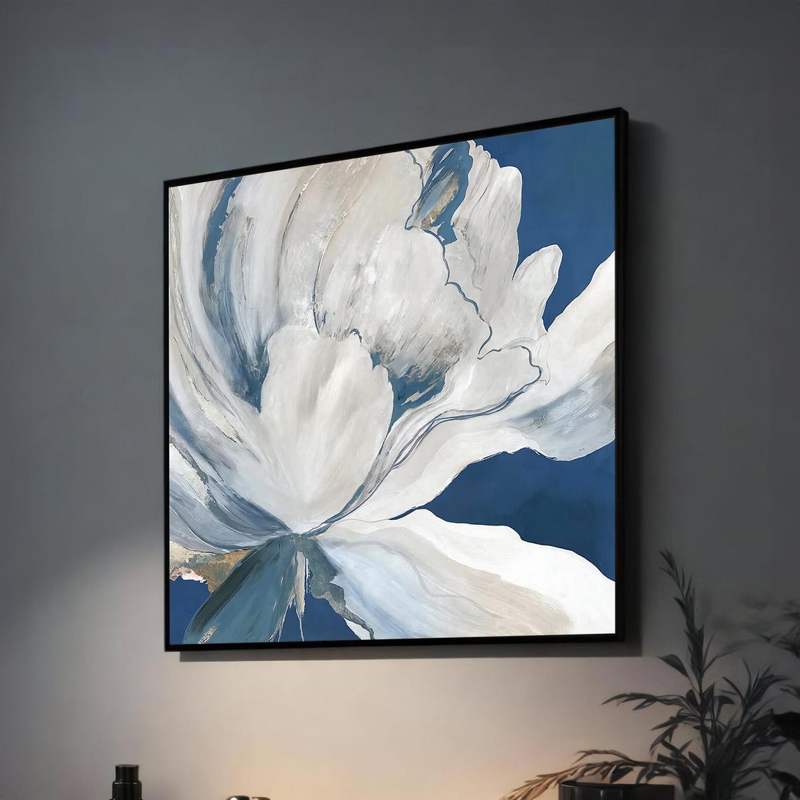 White Abstract Flower Against Deep Blue Modern Floral Art Poster