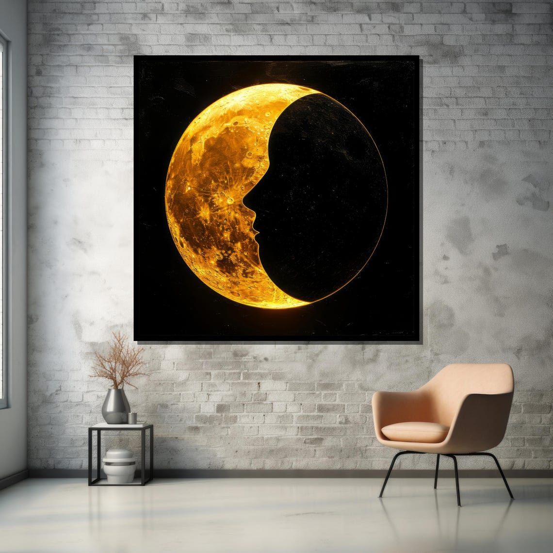 Golden Crescent Moon Art With Silhouette Face Celestial Wall Dcor For Modern Spaces - Image 5
