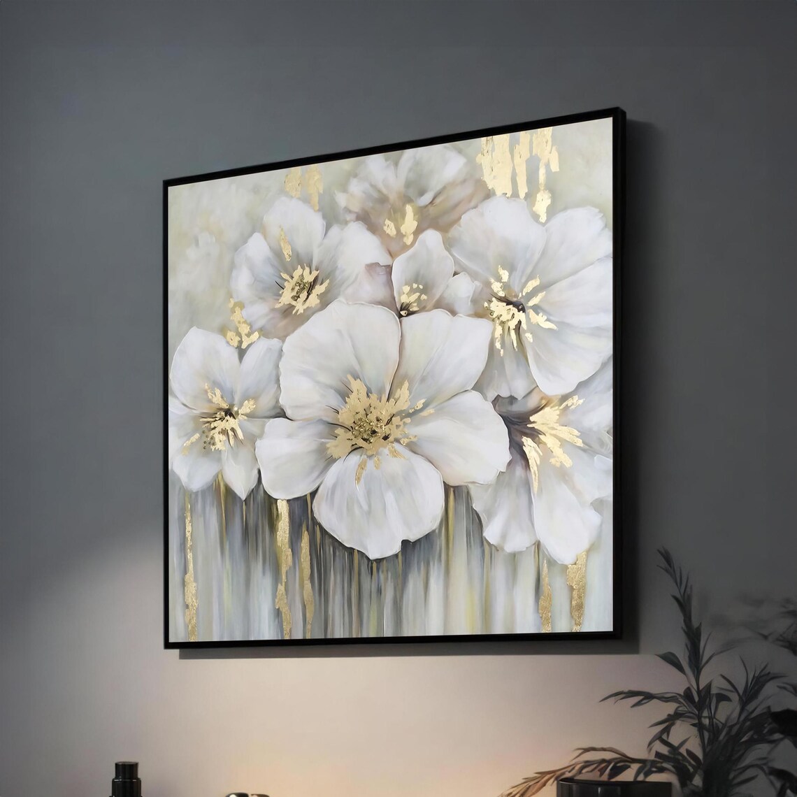 Elegant White Floral Painting With Gold Accents Modern Flower Wall Art For Living Room Luxury Nature Inspired Home Decor