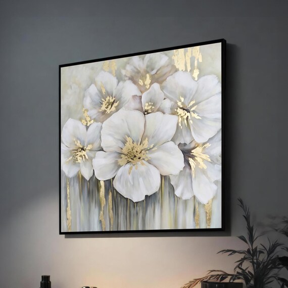 Elegant White Floral Painting With Gold Accents Modern Flower Wall Art For Living Room Luxury Nature Inspired Home Decor
