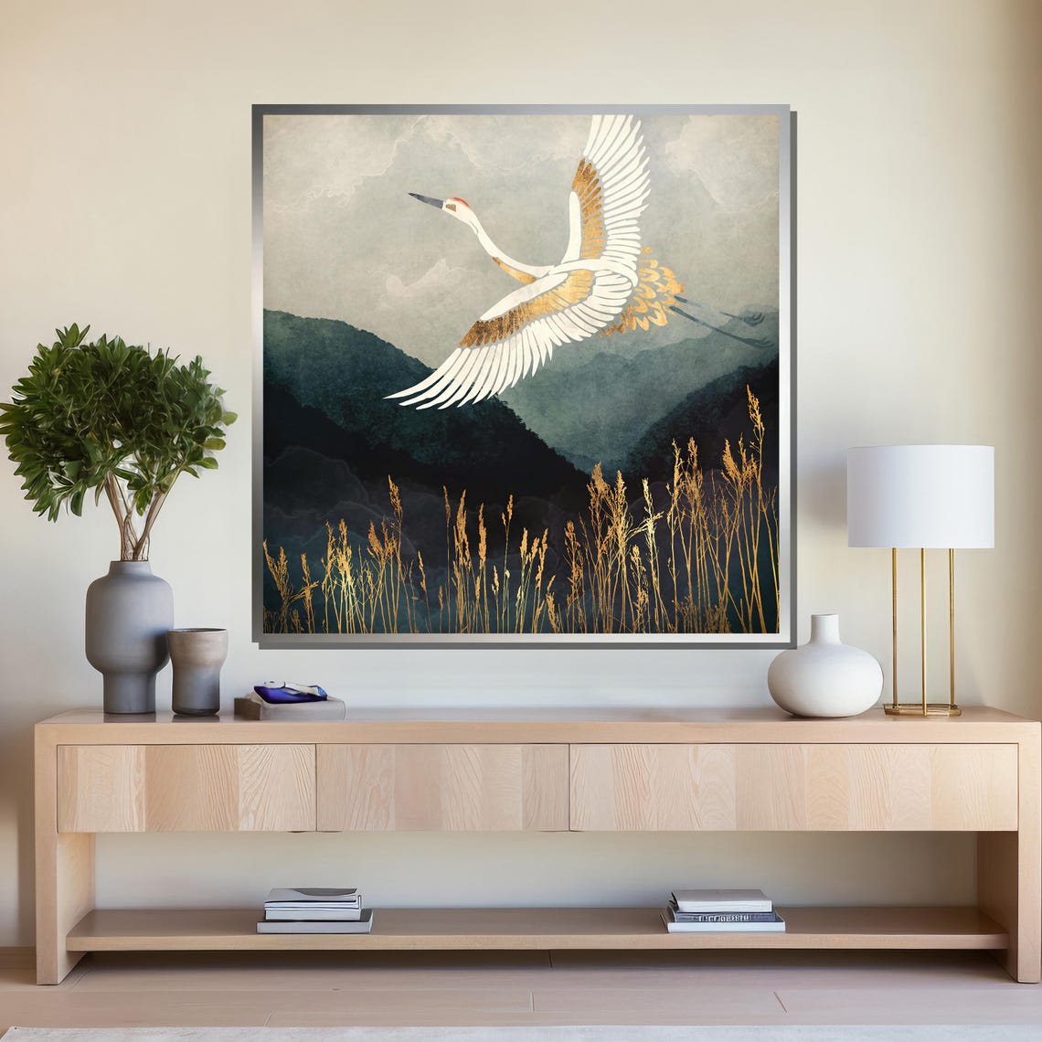 Majestic Crane in Flight Over Misty Mountains Poster for Zen Decor - Image 4