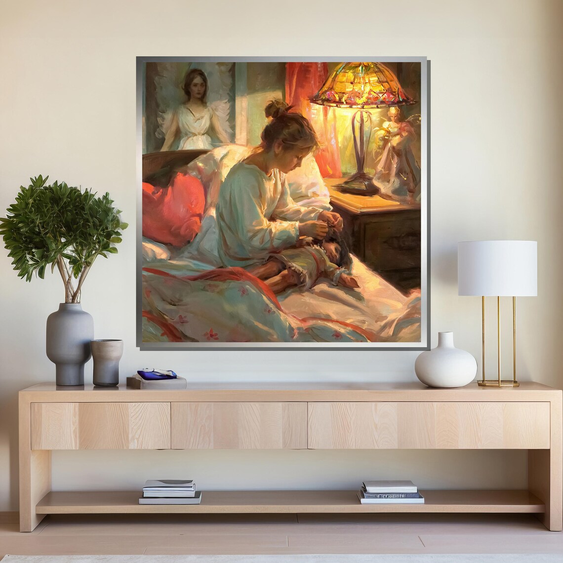 Mother's Tender Bedtime Moment With Guardian Angel Watching Art Poster - Image 4