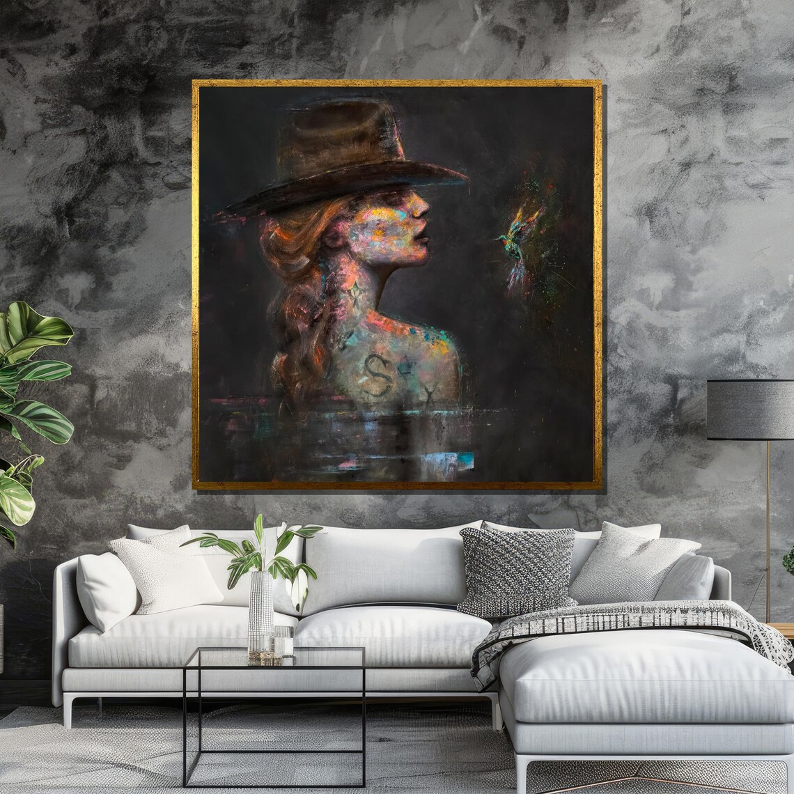 Woman in Wide-Brim Hat With Hummingbird Moody Abstract Portrait Poster - Image 6