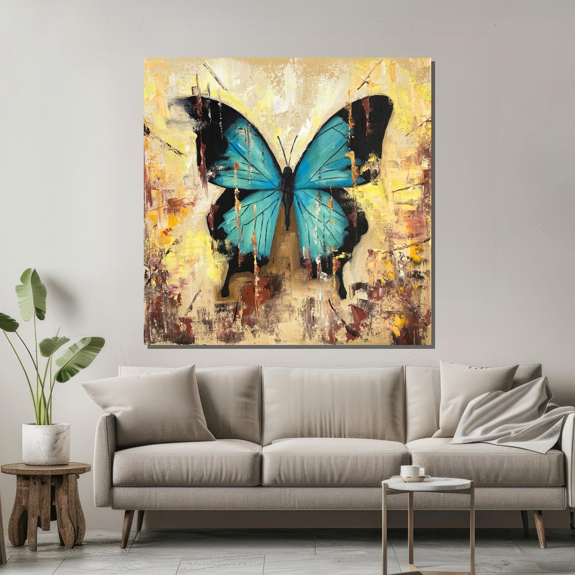 Blue Morpho Butterfly Gold Painted Abstract Background Art Poster - Image 2
