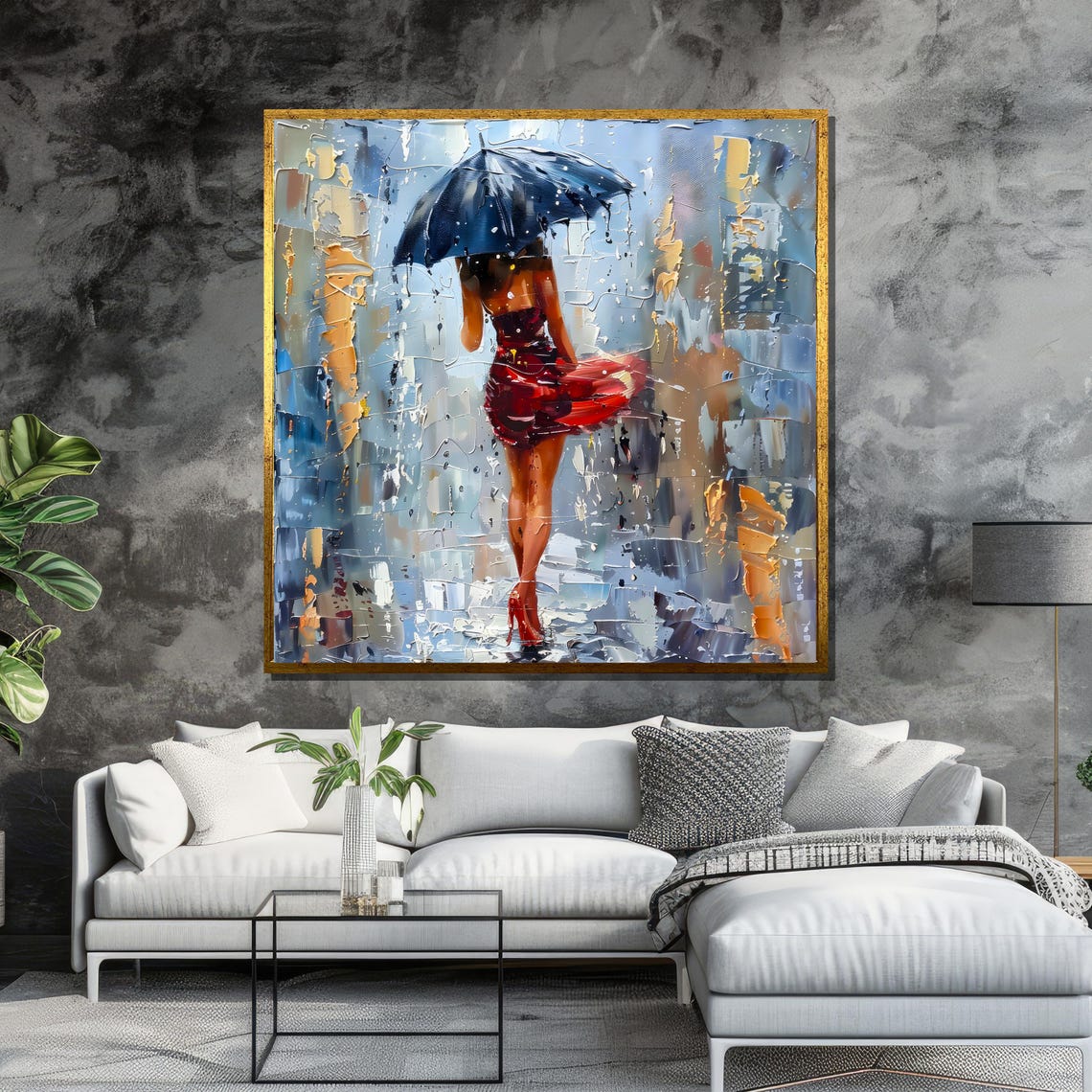 Lady In Red Dress With Umbrella Walking In Rainy City Poster - Image 6