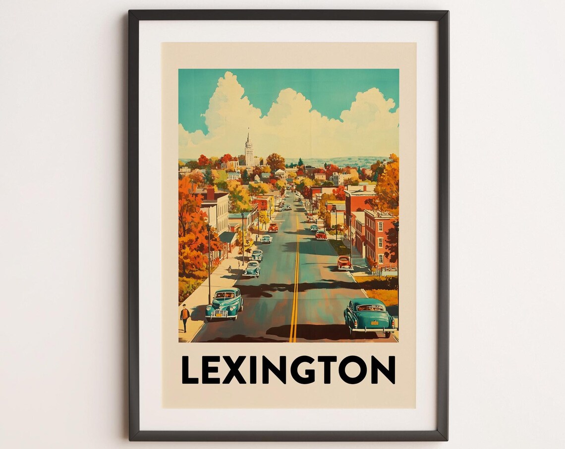 Lexington Retro Travel Autumn Main Street Vintage Car Art Poster