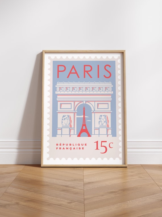 Paris Postage Stamp Poster With Arc de Triomphe and Eiffel Tower